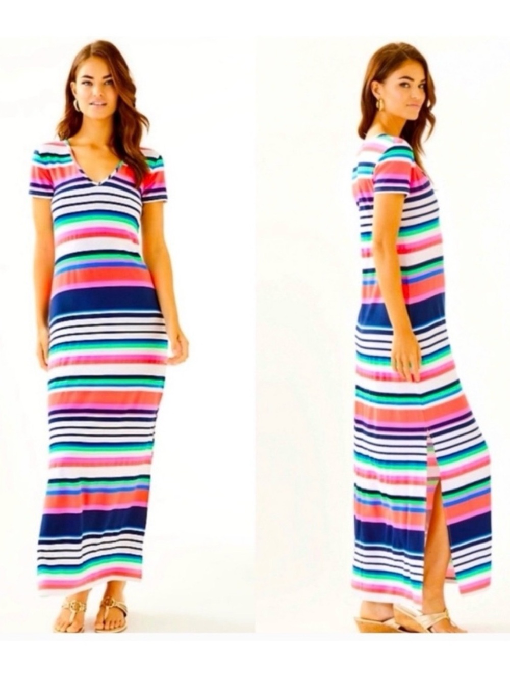 Lilly Pulitzer Striped V-Neck Maxi T-Shirt Dress Size M